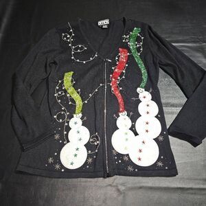 Berek Womens Black Embellished Full Zip Snowman Christmas‎ Cardigan Sweater Med
